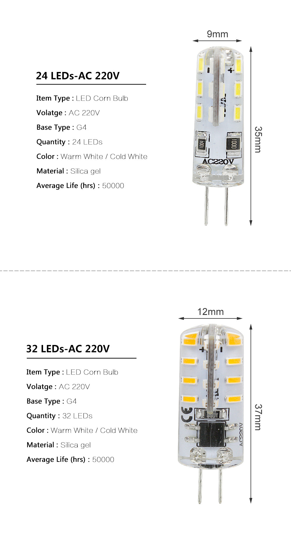 G4 LED Bulb Lamp SMD 3014 DC 12V AC 220V White/Warm White Light replace 10W 20W 30W Halogen Spotlight Chandelier