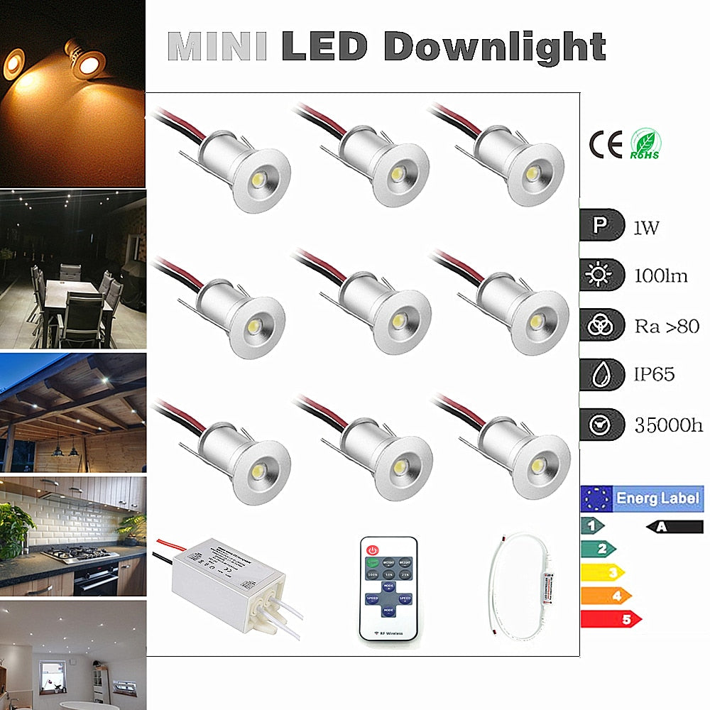 LED 12V Downlight Dimmable Spotlight IP65 Foco Led Stair Light 1W Cabinet Showcase Ceiling light with Remote Controller IP67 Driver