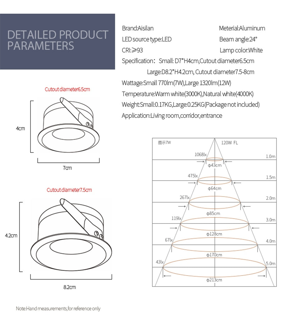 Aisilan LED Ultra-thin spot light honeycomb anti-glare downlight living room bedroom Aperture size 7.5CM hole light