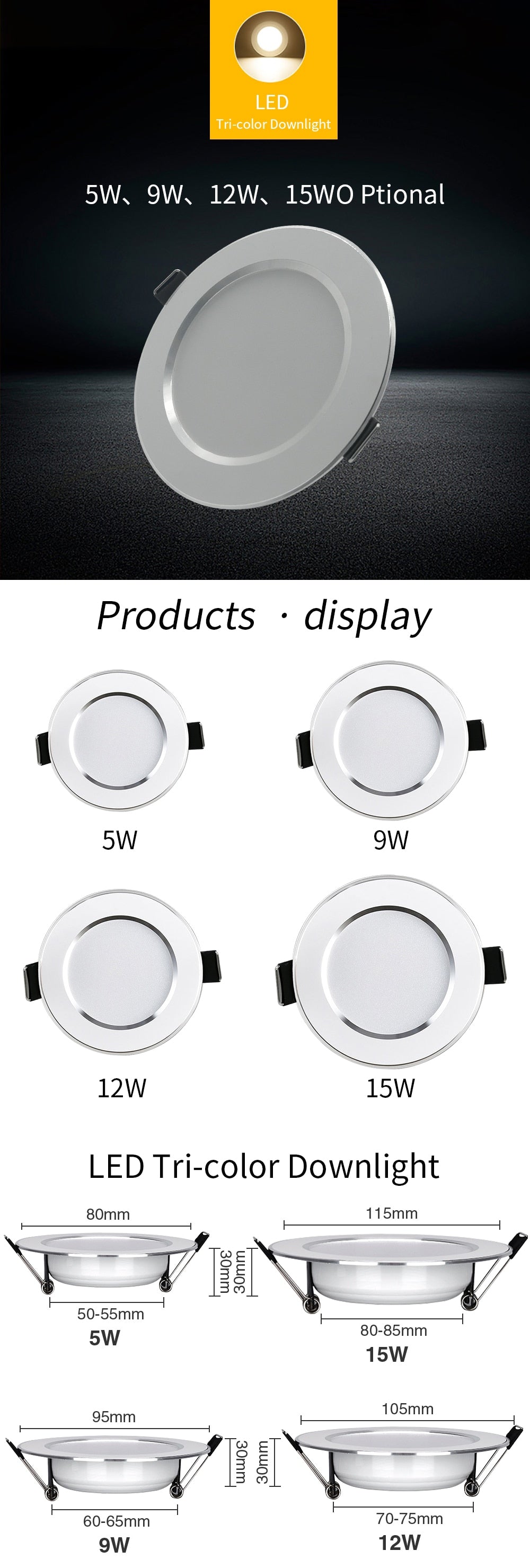 LED Downlight 5W 9W 12W 15W AC 220V IP65 Waterproof Warm White Natural White Cold White Recessed Round Ceiling Lights Spotlight