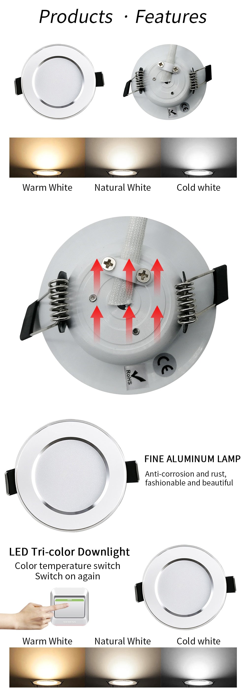 LED Downlight 5W 9W 12W 15W AC 220V IP65 Waterproof Warm White Natural White Cold White Recessed Round Ceiling Lights Spotlight