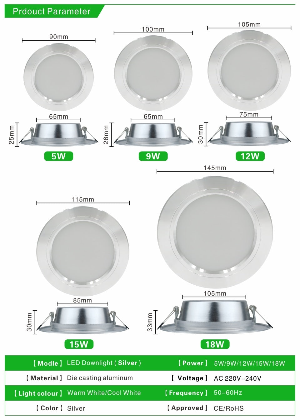 LED Downlight Silver Ultra Thin Aluminum 5W 9W 12W 15W 18W Down Light 220V 230V 240V Round Recessed Spot Lighting