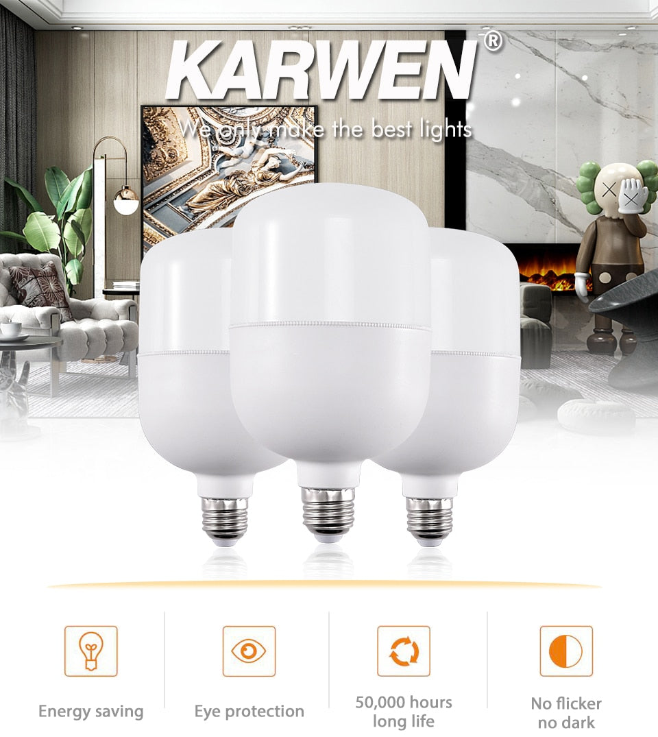KARWEN Lampada LED Bulb E27 No Flicker LED Lamp 5W 10W 15W 20W 30W Bomlillas LED Ampoule Blub 220V For Indoor Home Table Lamp
