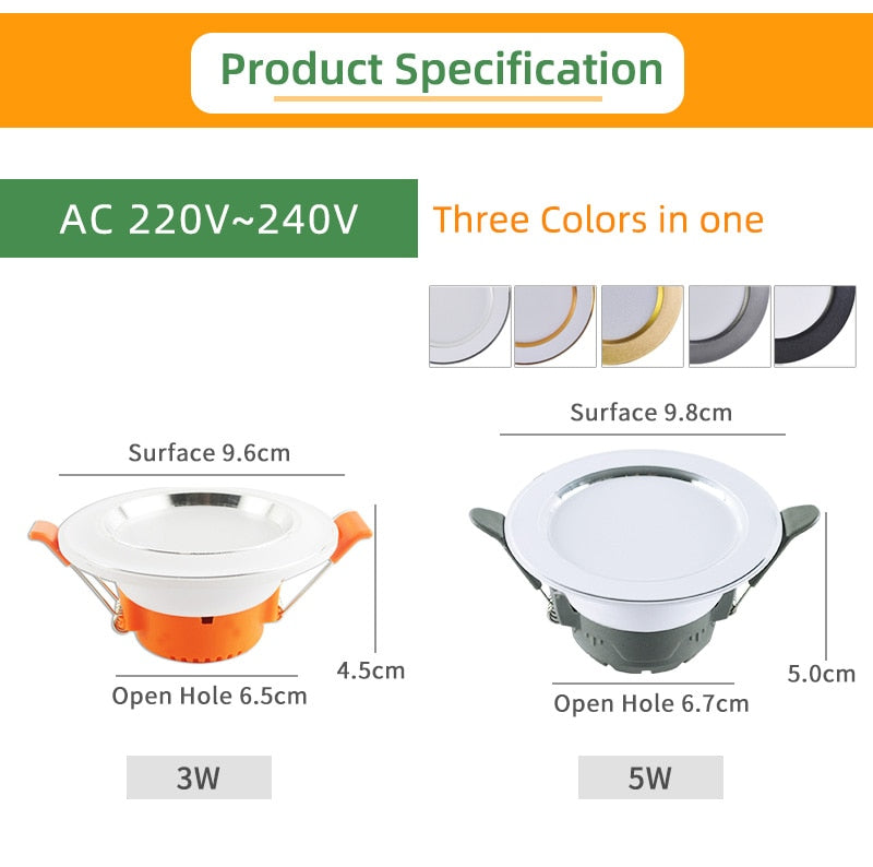 Kaguyahime LED Downlight 3000k 4500K 6000K Round Spot Light 5w 3w Indoor Recessed Lamp AC 220V Gold Silver Surface LED Spotlight