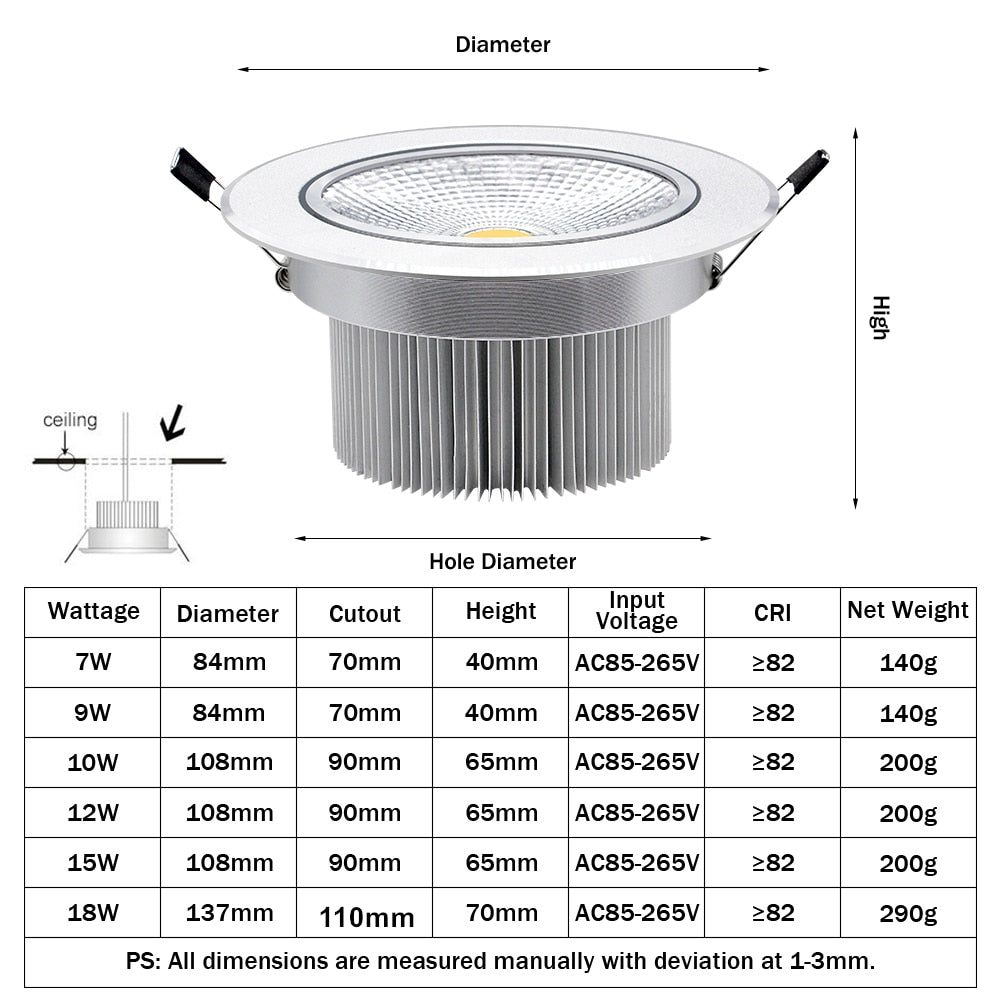 DBF Silver Body Round Dimmable LED Recessed Downlight 7W 9W 12W 15W 18W COB Ceiling Spot Light with LED Driver Indoor Lighting