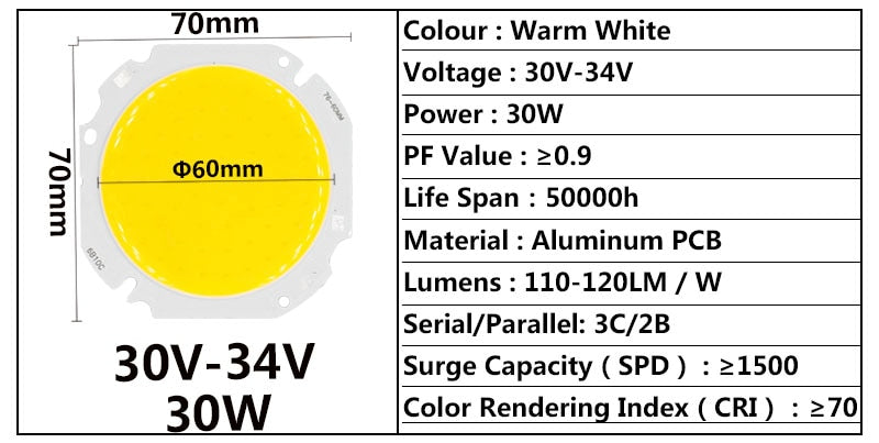 High Power LED Big Round COB 30W 50W Light Beads 30-34V 60MM LED Lamp Bead LED Bulb Chip Spot Light Downlight Diode Lamps