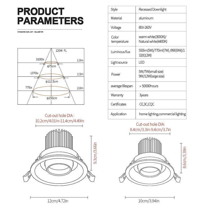 LED Downlight Angle Adjustable Built-in LED Spot light EncastrableAC90-260V White 7W for Indoor Lighting