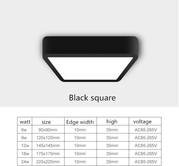 LED Panel Light 1pcs black 6W 9w 12W 18W 24w Surface Mounted LED Ceiling Lights AC85-265V Round Square LED Downlight