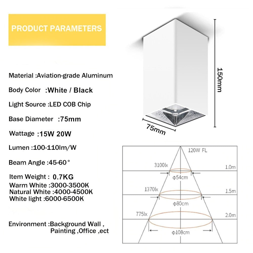 Square LED Surface Mounted Downlight Shining Reflector 15W 20W Ceiling Spot Lamp Square Black/White Housing Indoor Lights