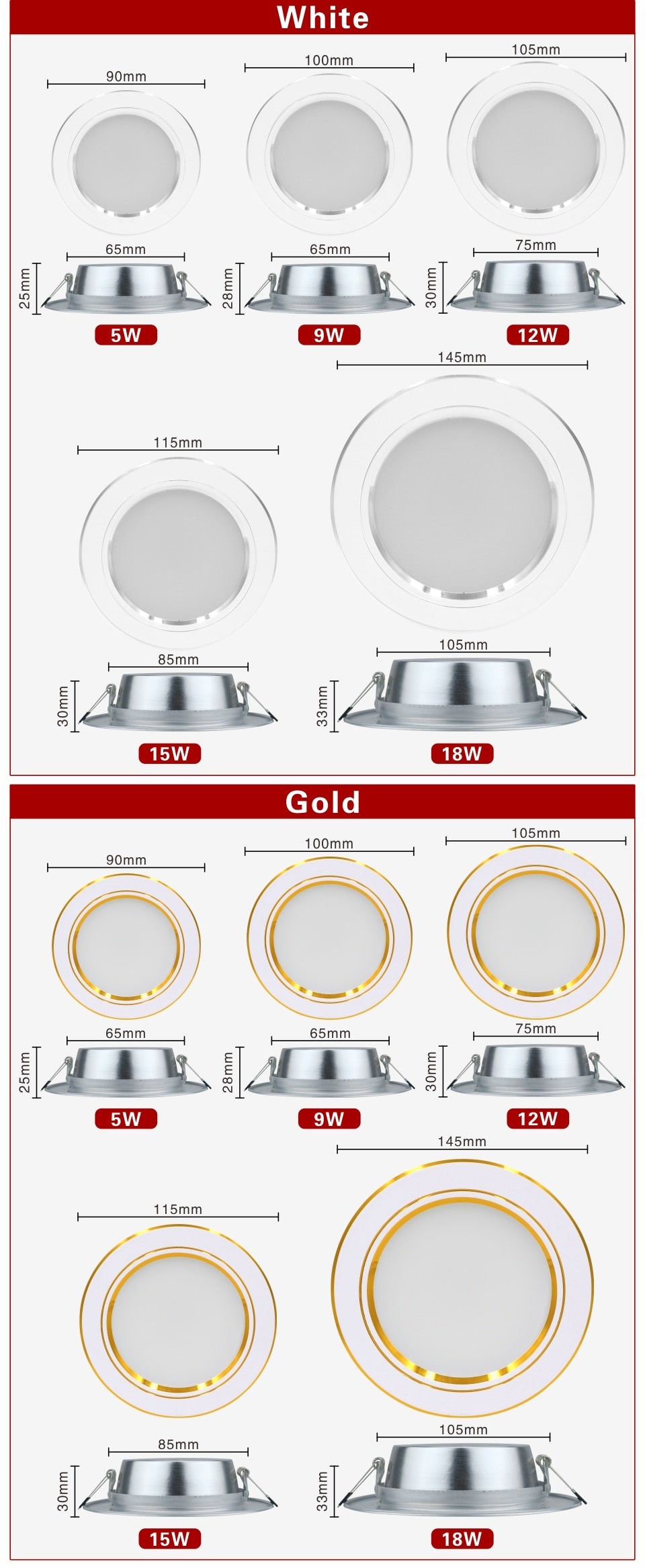 Led Downlight 220V 5W 9W 12W 15W 18W Ceiling Light Recessed Down light Round Led Panel Light LED Spot light Indoor Lighting