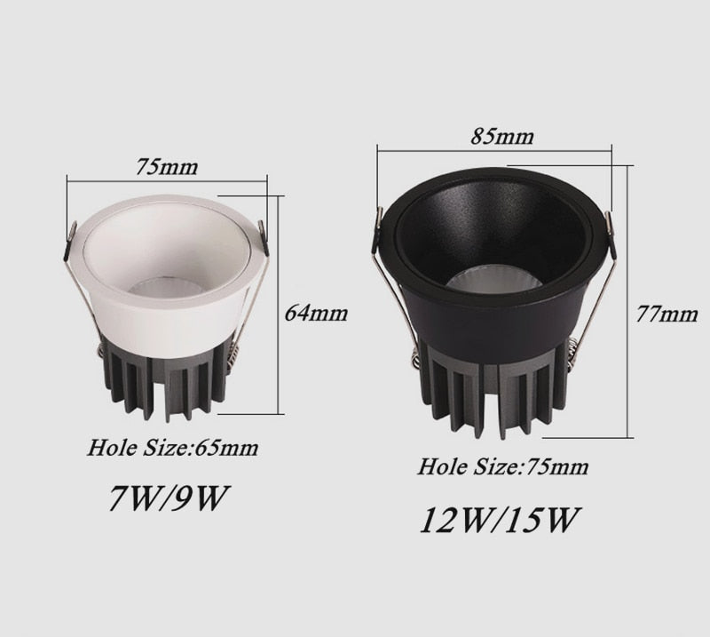 Dimmable Recessed Anti Glare COB LED Downlights 7W/ 9W/12W/15W LED Ceiling Spot Lights AC85~265V Background Lamps Indoor Lighting