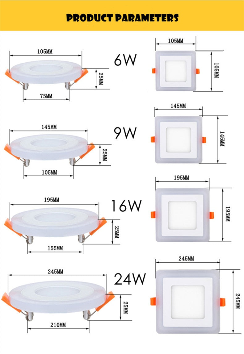 ACETIDE Led Downlight 6W 9W 16W 24W led Ceiling Recessed panel Light Painel lamp decoration round square Blue+White 2 color