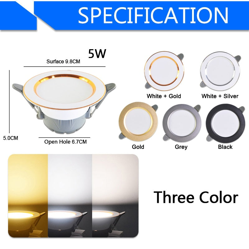 Downlight 3W 5W 9W 12W 15W 18W downlight AC 220V 240V Ultra Thin gold Silver Aluminum Round Recessed LED Spot Lighting six color