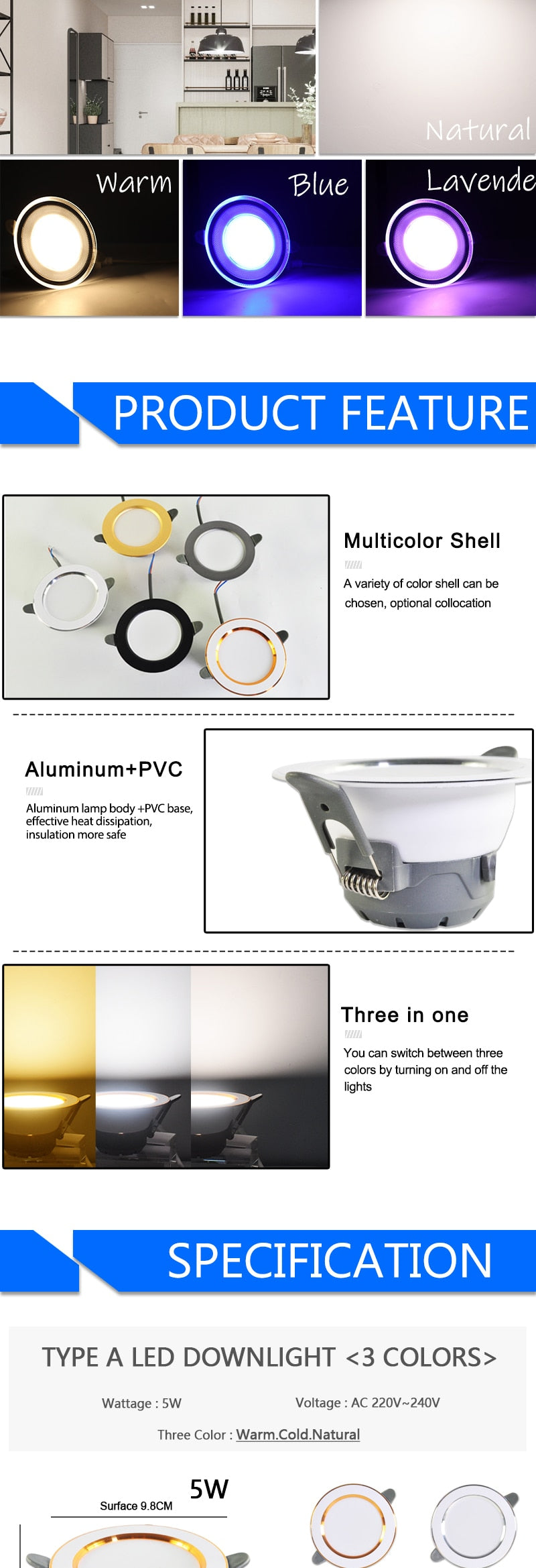 Downlight 3W 5W 9W 12W 15W 18W downlight AC 220V 240V Ultra Thin gold Silver Aluminum Round Recessed LED Spot Lighting six color