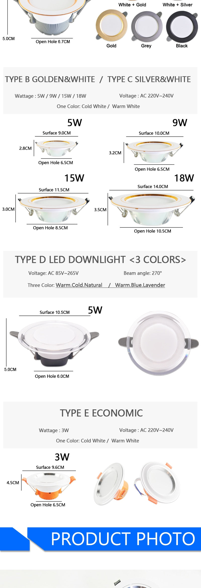 Downlight 3W 5W 9W 12W 15W 18W downlight AC 220V 240V Ultra Thin gold Silver Aluminum Round Recessed LED Spot Lighting six color