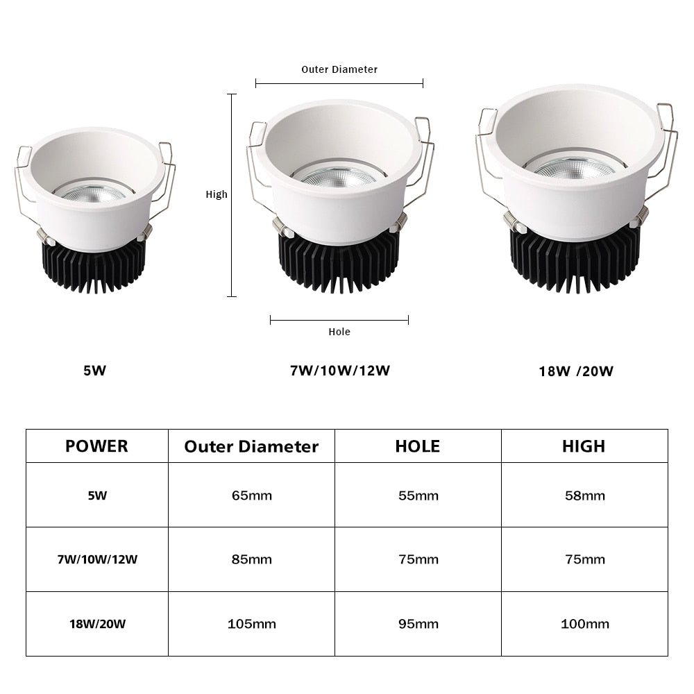 Anti-Glare LED Downlight 20W 12W 7W Led Spot Lights 220V 110V Led Bulb Recessed Downlight led Bedroom Indoor LED Spot Lighting