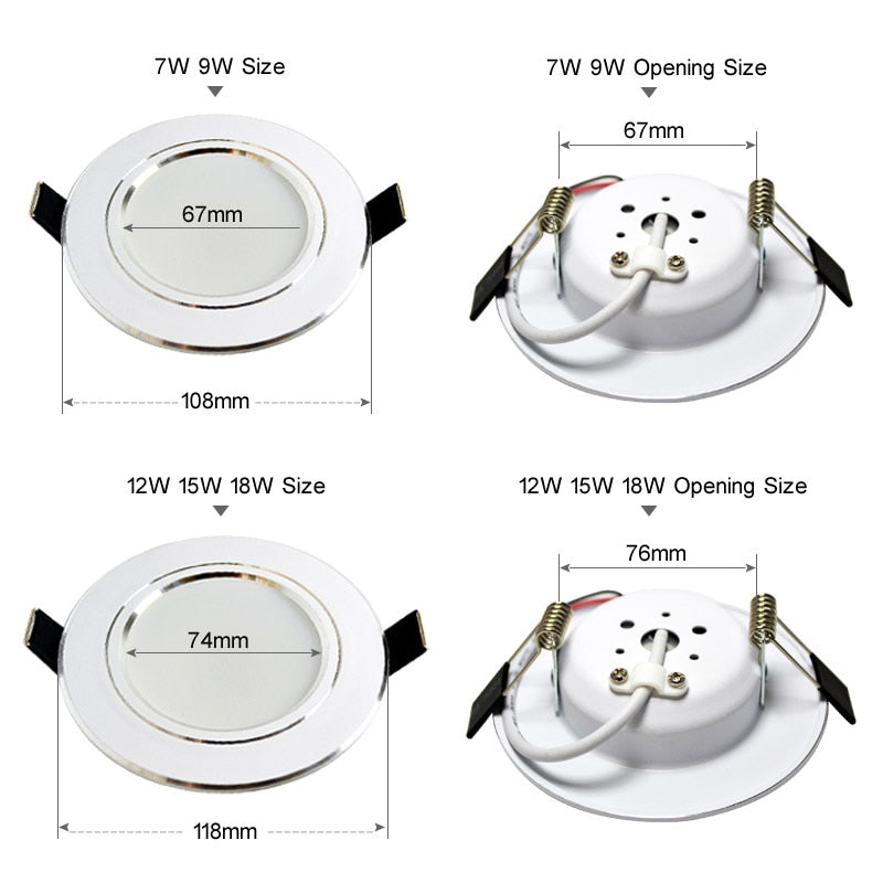 4Pcs Bright LED Downlight 5w 9w 15w Silver Border Round Ceiling Recessed Spot Light 110V 220V 230v Down Light Cold Warm White