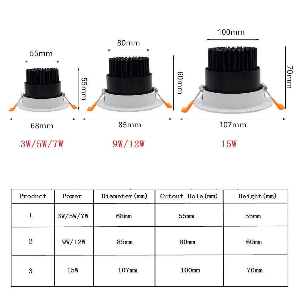 Dimmable Led Downlight Light Angle Adjustable COB Ceiling Spot Light 3W 5W 7W 9W 12W 15W AC85-265V Ceiling Recessed Lights