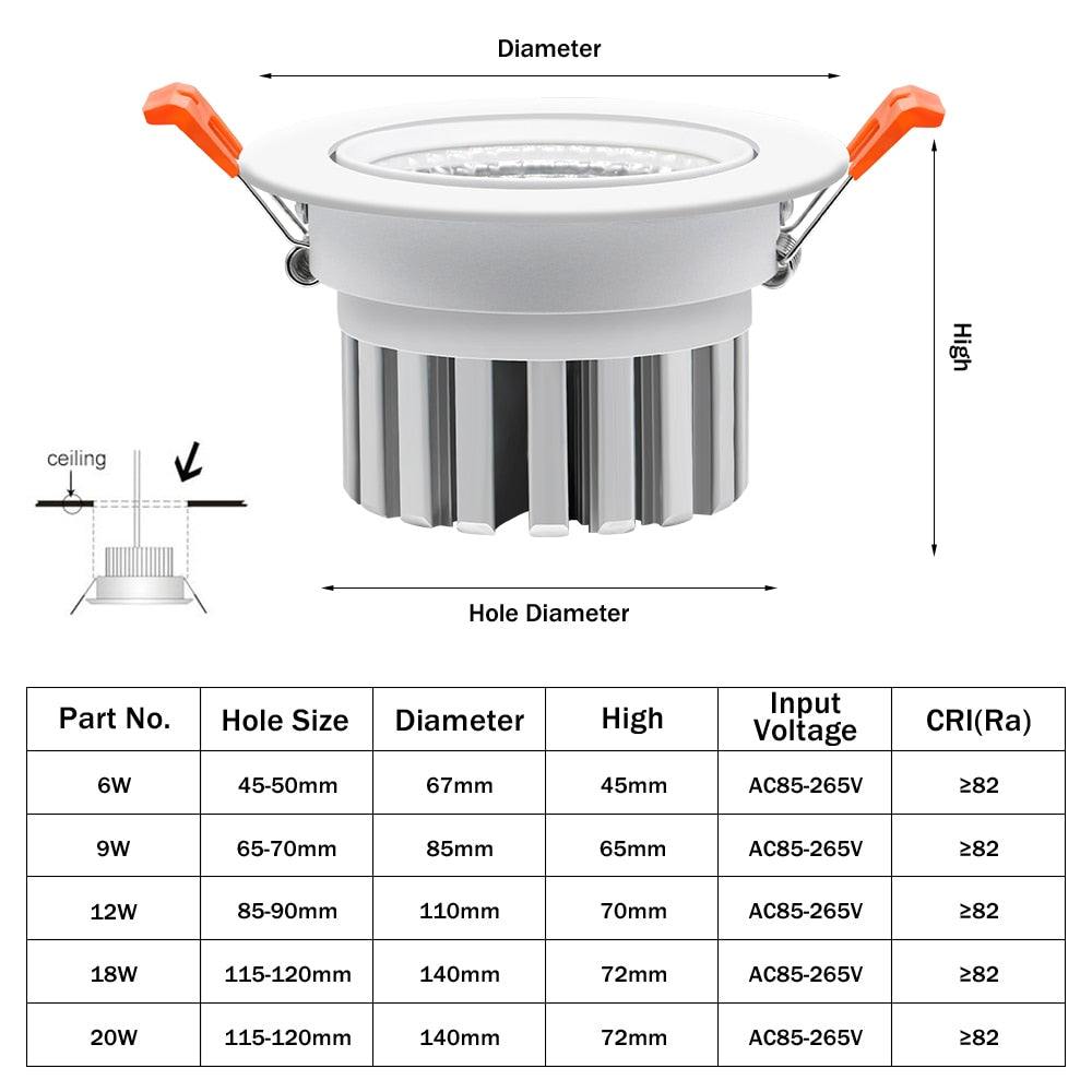 DBF Super Bright LED COB Recessed Downlight Dimmable 6W 9W 12W Angle Adjust Ceiling Spot Light Home Lighting 3000K/4000K/6000K