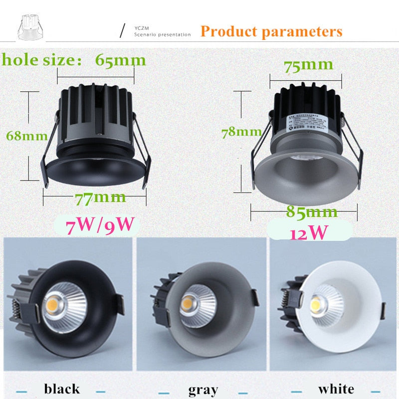 High quality round Dimmable recessed LED Downlights 7W 9W 12W COB LED Ceiling Lamp Spot Lights AC110-220V Indoor Lighting