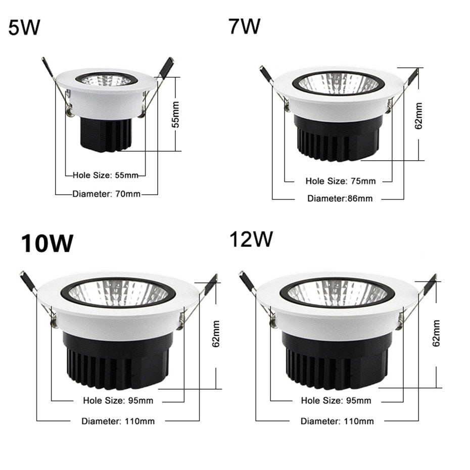 Super Bright Recessed LED COB Downlight Dimmable 5W 7W 10W 12W LED Spot light LED Ceiling Lamp AC 110V 220V White \ Warm White