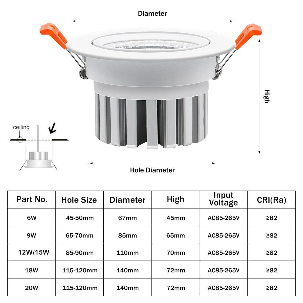 DBF Fast Heat Dissipation LED Dimmable Downlight 6W 9W 12W 15W Angle Adjustable Ceiling Recessed Spot Light AC 110V 220V Spotlight