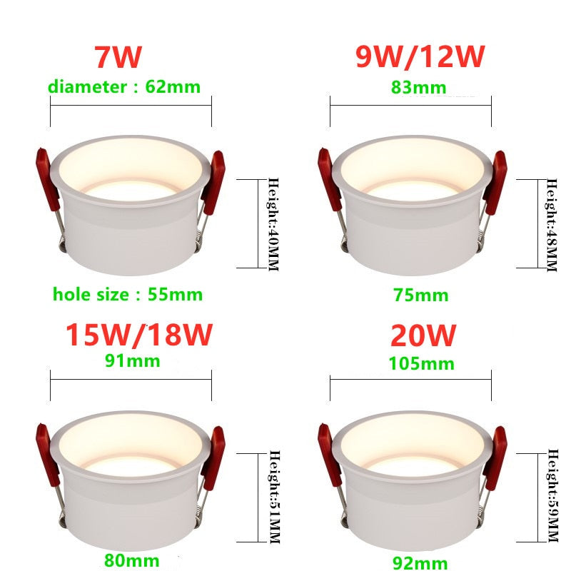 2021 New Style Beam Angle 60 Degree Recessed LED Downlight 20W 18W 15W 12W 9W 7W Dimmable Deep Glare LED Ceiling Lamp Spot Light