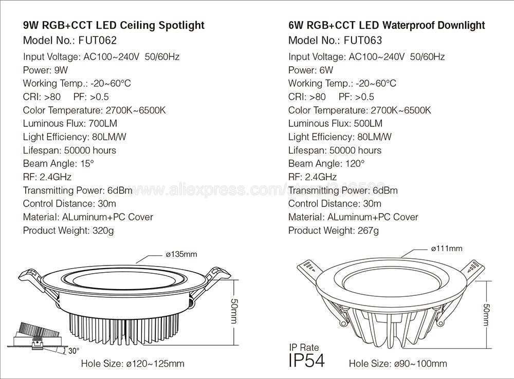Miboxer 2.4G Smart Downlight AC110V/220V 6W 9W 12W 15W 18W 25W RGBCCT LED Ceiling Lamp Wireless Remote & WiFi APP Voice Control