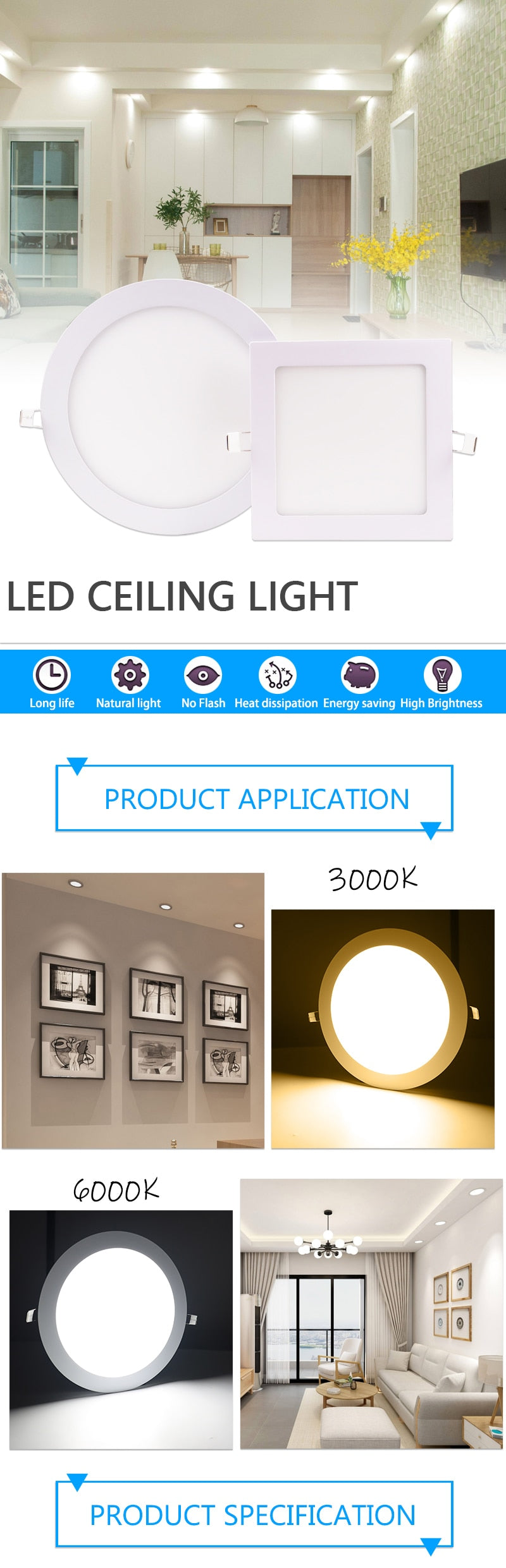 LED Ultra thin Downlight lamp 24W 18W 12W 9W 6W 3W AC110V 220V led ceiling recessed grid downlight slim round square panel light