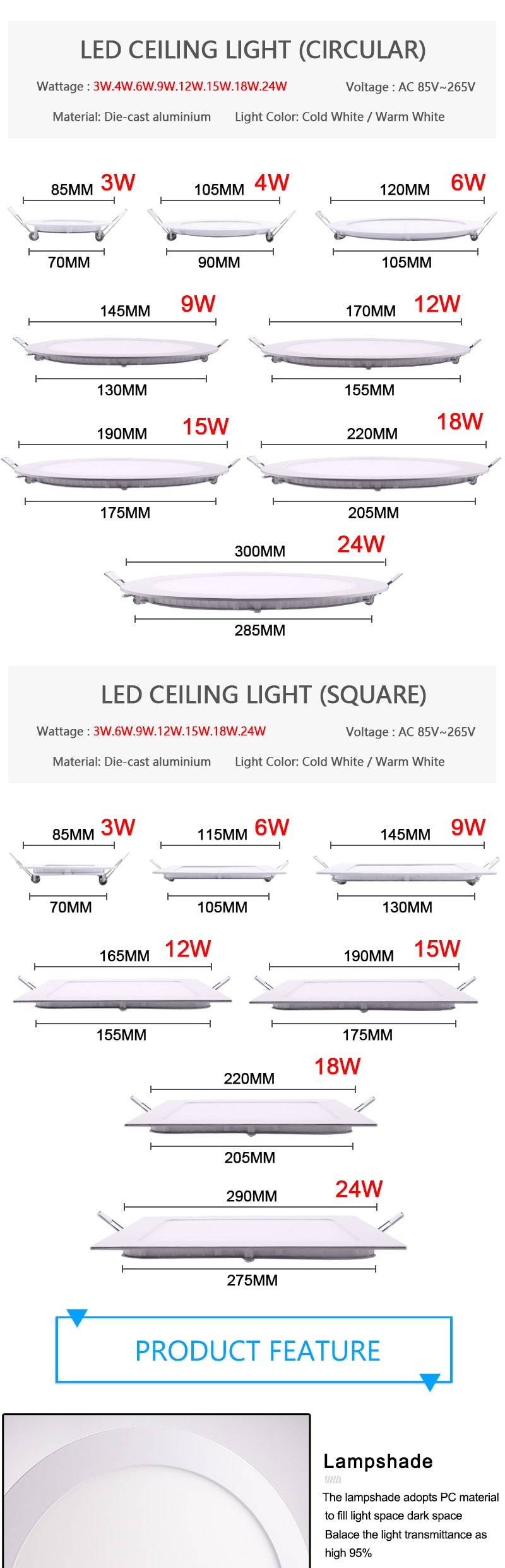 LED Ultra thin Downlight lamp 24W 18W 12W 9W 6W 3W AC110V 220V led ceiling recessed grid downlight slim round square panel light