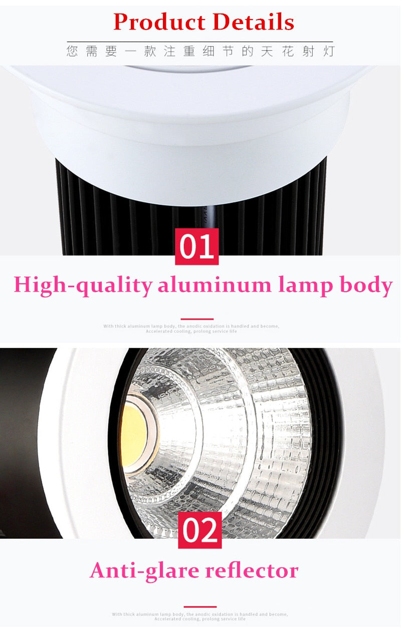Round Dimmable Recessed LED Downlights 5W 7W 9W 12W 15W 18W COB LED Ceiling Spot Lights AC110-220V Warm Cold White LED Lamp