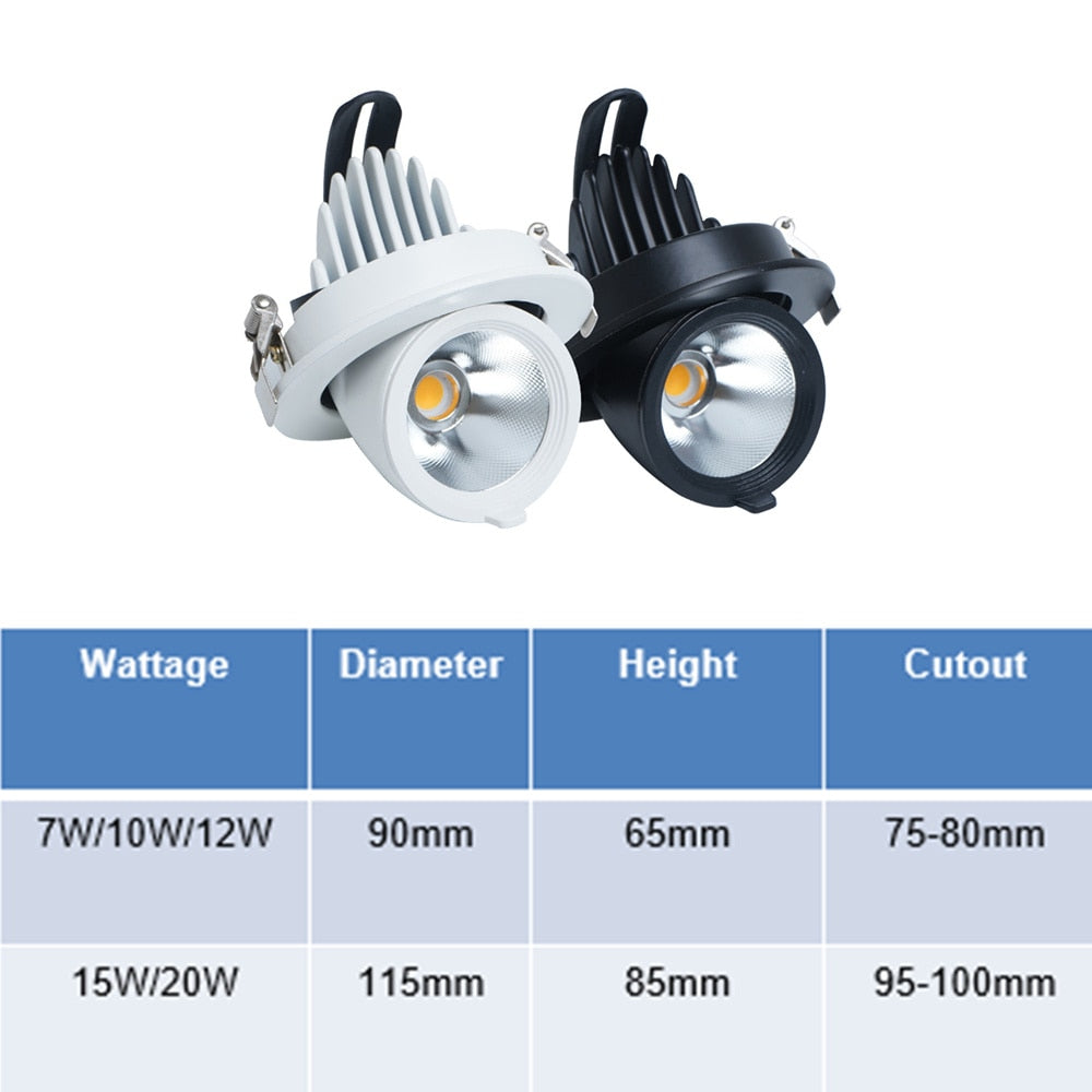 LED Downlight dimmable 7W 10W 15W 20W adjustable 360 Degree Recessed LED Ceiling Spot Light AC110V 220V Trunk downlight LED