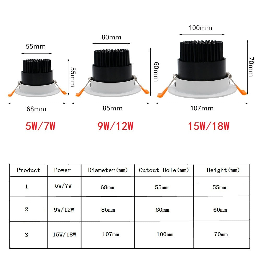 Dimmable Led Downlight Light Angle Adjustable COB Ceiling Spot Light 5W 7W 9W 12W 15W Ceiling Recessed Lights AC85-265V