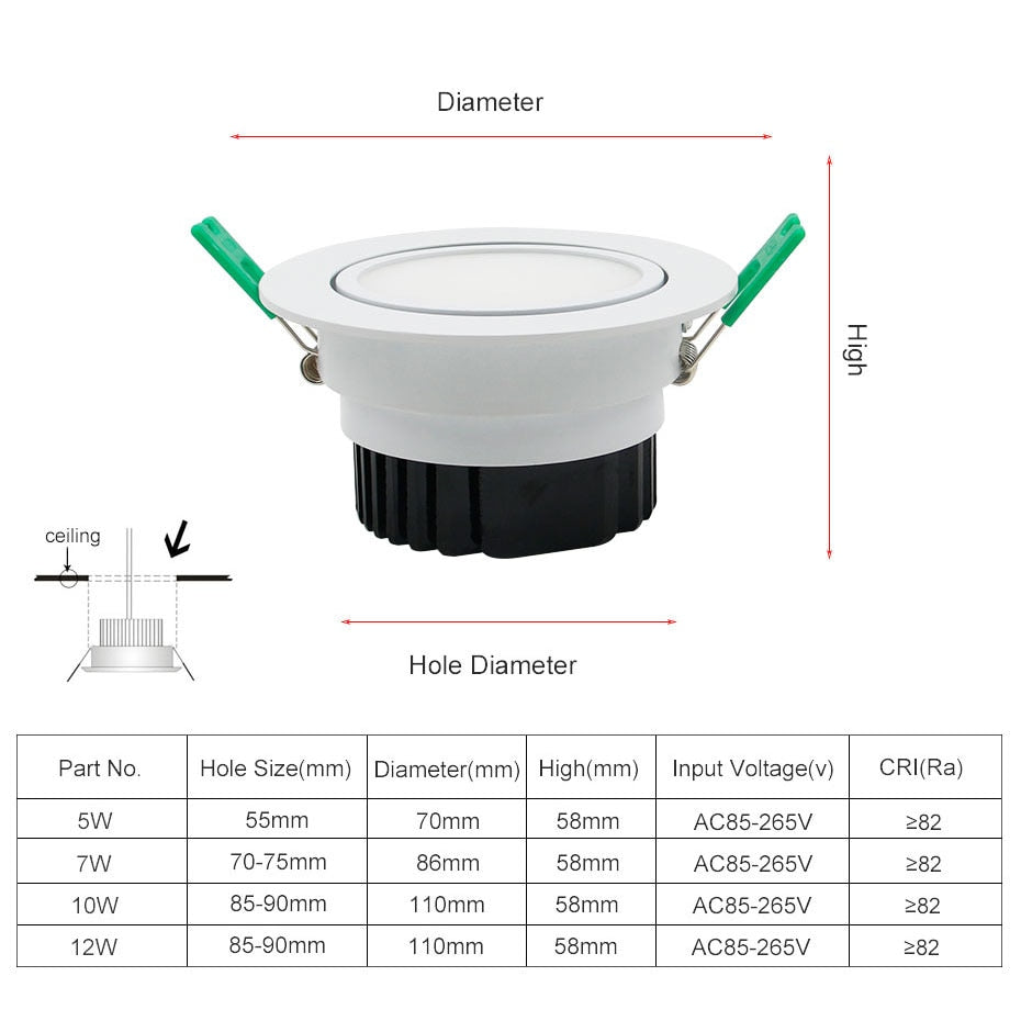 DBF Angle Adjustable Ceiling Recessed Downlight Dimmable 5W 7W 10W 12W Frosted Lens Soft Light LED Spot Lights Home Kitchen