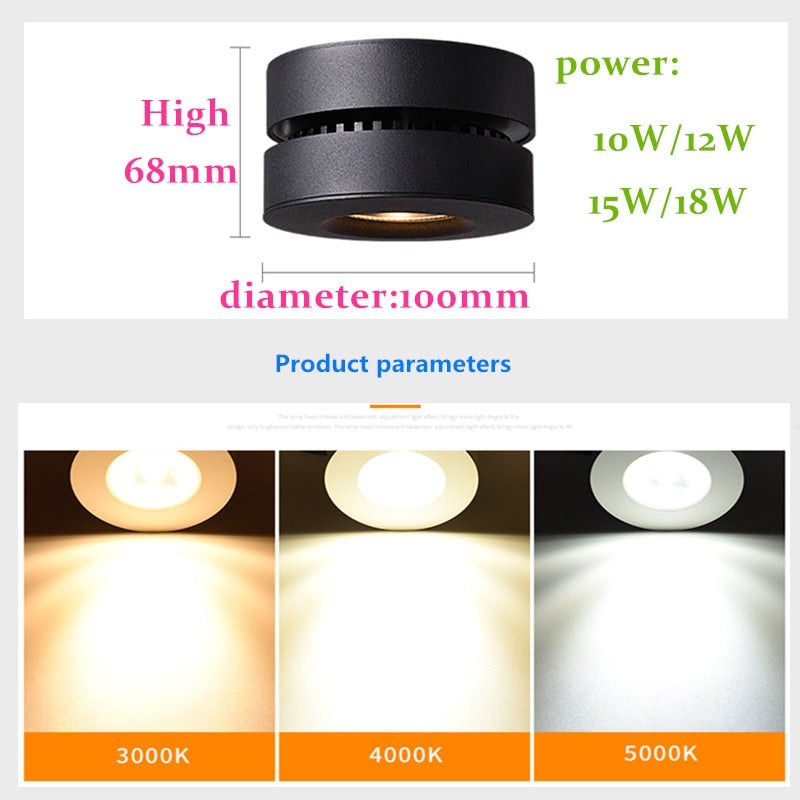 Dimmable Rotating LED Downlight 10W 12W 15W 18W COB Surface Mounted Ceiling Spot Light AC110-220V LED Ceiling Lamp Indoor Lighting