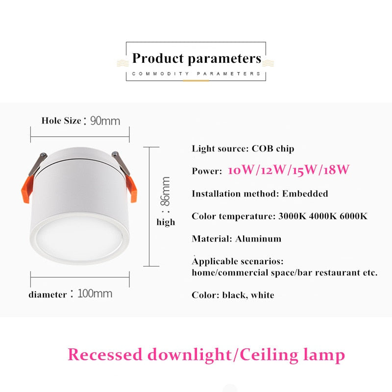 high quality 1pcs Dimmable LED downlight light Ceiling Spot light 10W 12W 15W 18W LED ceiling Lamp recessed Light Indoor Lighting