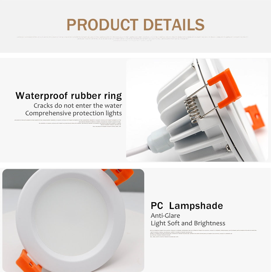 Bathroom Waterproof LED Downlight 15W 12W IP65 Recessed LED lamp lights for Outdoor waterproof Spot light AC220V 110V