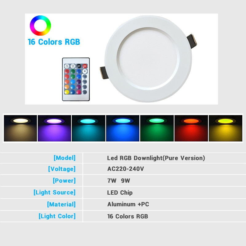 LED RGB Downlight Remote Control Dimming Round Spot Light 7W 9W RGB Color Changing Warm Cool Light