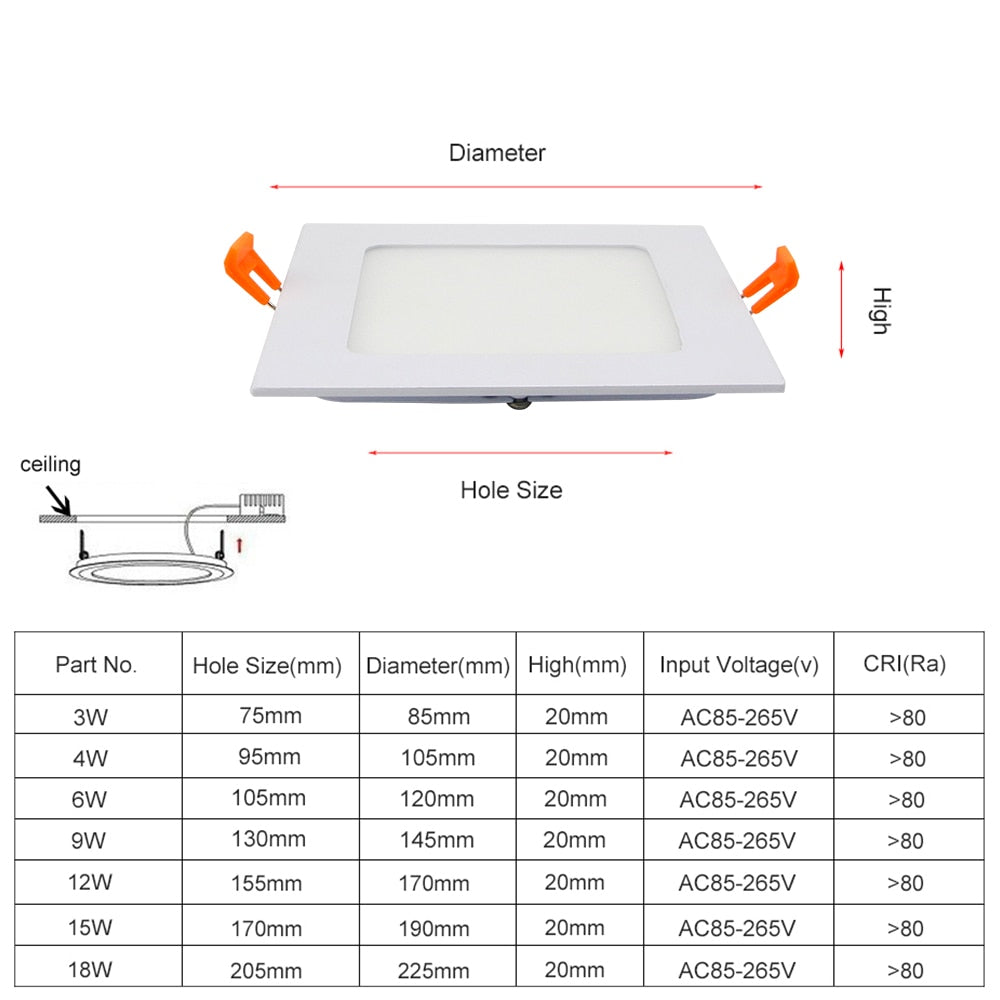 Ultra Thin LED Panel Downlight 3W 4W 6W 9W 12W 15W 18W Round/Square LED Ceiling Recessed Light AC85-265V LED Panel Light SMD2835