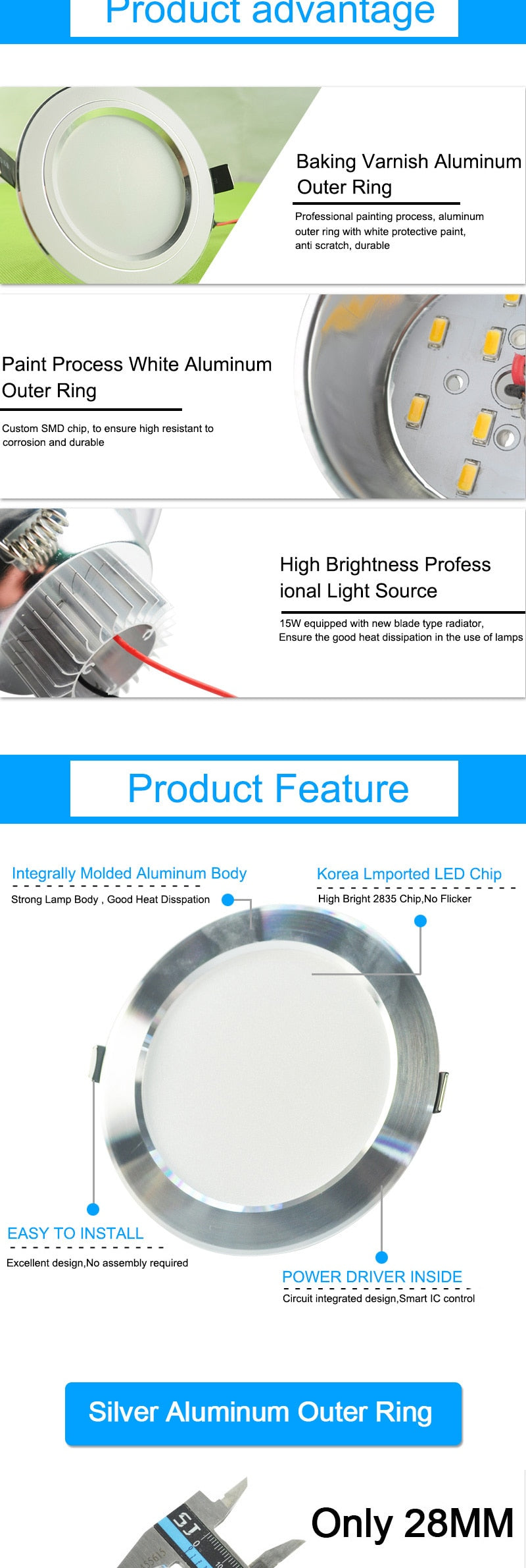 LED Downlight 3W 5W 9W 12W 15W 18W Silver White Ultra Thin Aluminum downlight AC110V 220V 240V Round Recessed LED Spot Lighting