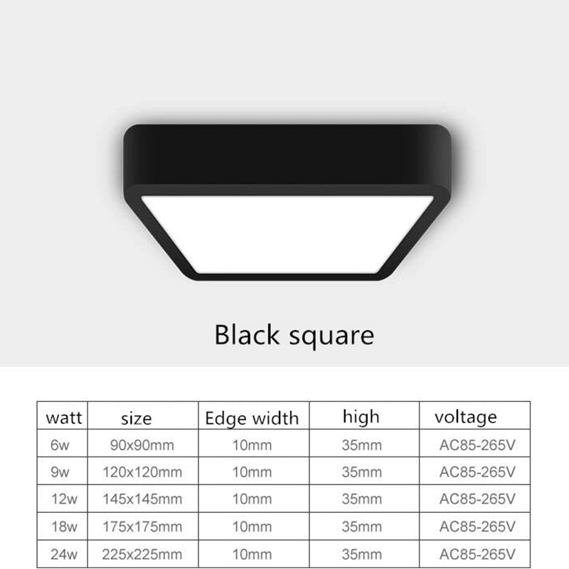 LED Panel Light 1pcs black 6W 9w 12W 18W 24w Surface Mounted LED Ceiling Lights AC85-265V Round Square LED Downlight