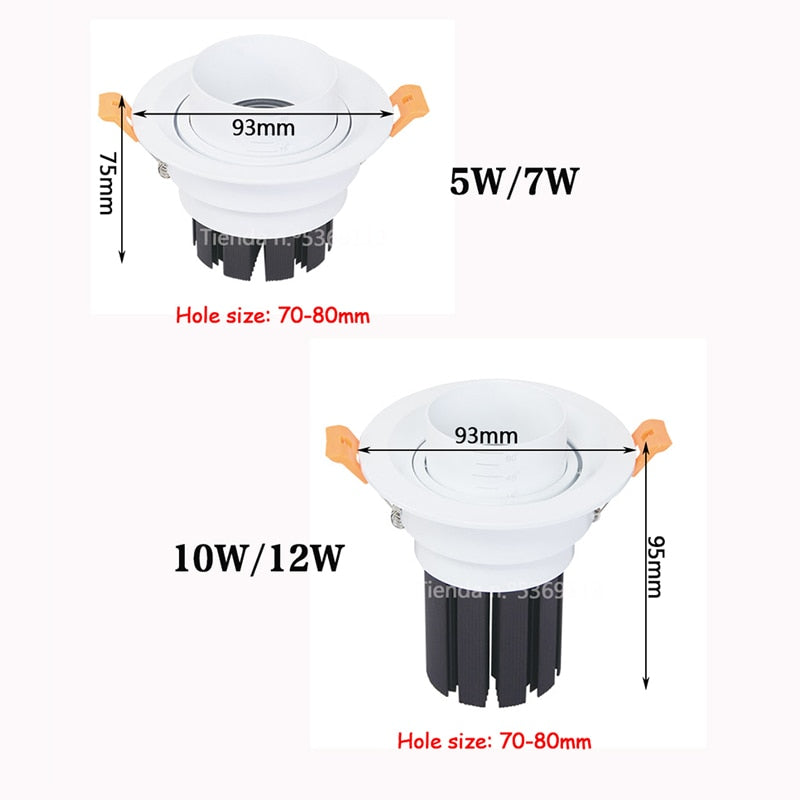 Beam Angle Adjustable 15/45/60 Degrees Recessed LED Downlight 5W 7W 10W 12W Dimmable LED Ceiling Spot Light AC90-265V 3000K