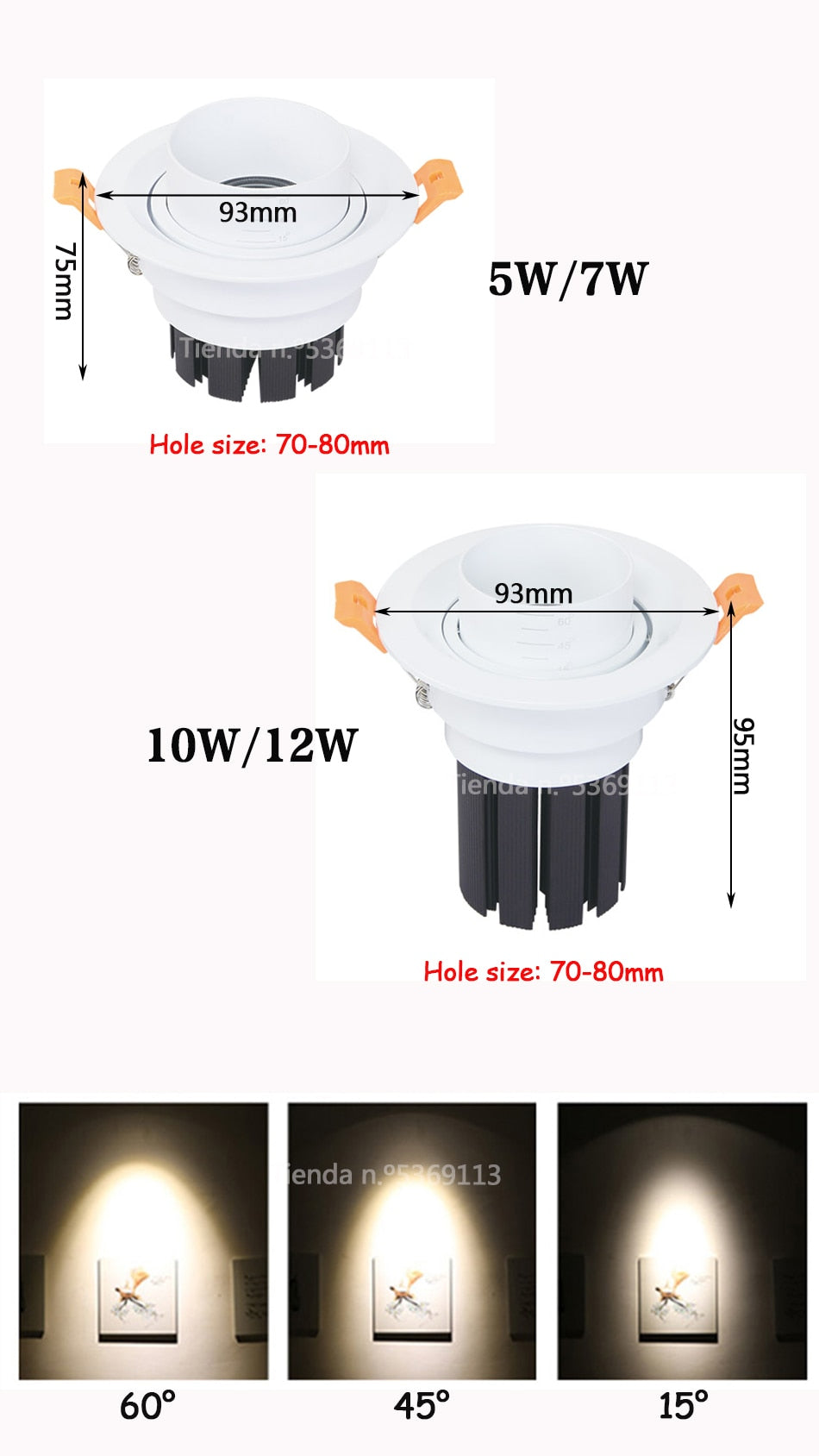Beam Angle Adjustable 15/45/60 Degrees Recessed LED Downlight 5W 7W 10W 12W Dimmable LED Ceiling Spot Light AC90-265V 3000K