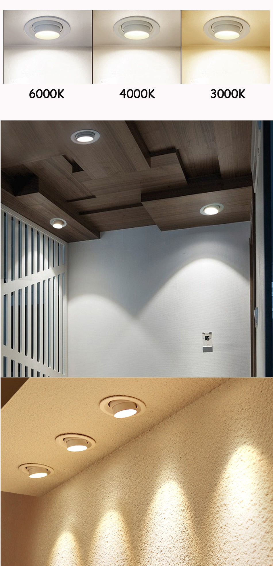 Beam Angle Adjustable 15/45/60 Degrees Recessed LED Downlight 5W 7W 10W 12W Dimmable LED Ceiling Spot Light AC90-265V 3000K