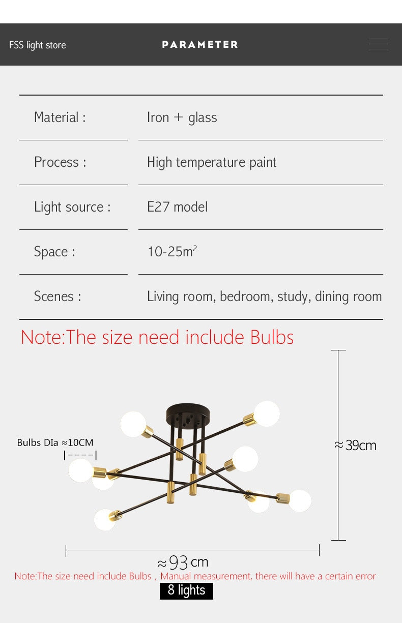 Modern Nordic E27 Black LED Ceiling Chandelier Edison Bulbs Indoor Light Fixtures For Bedroom Living Room Lamp