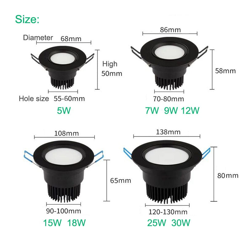 Dimmable LED Downlight COB Spotlight Ceiling Light 5W 7W 9W 12W 15W 18W 25W 30W Round Embedded LED Downlight Panel Light AC110V 220V