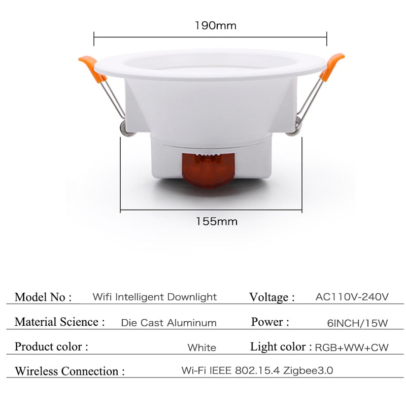 Tuya ZigBee RGBCW 6Inch 15W Recessed Retrofit Downlight LED Dimmable Fixture Ceiling Light, Alexa Echo PlusHome Automation RGB