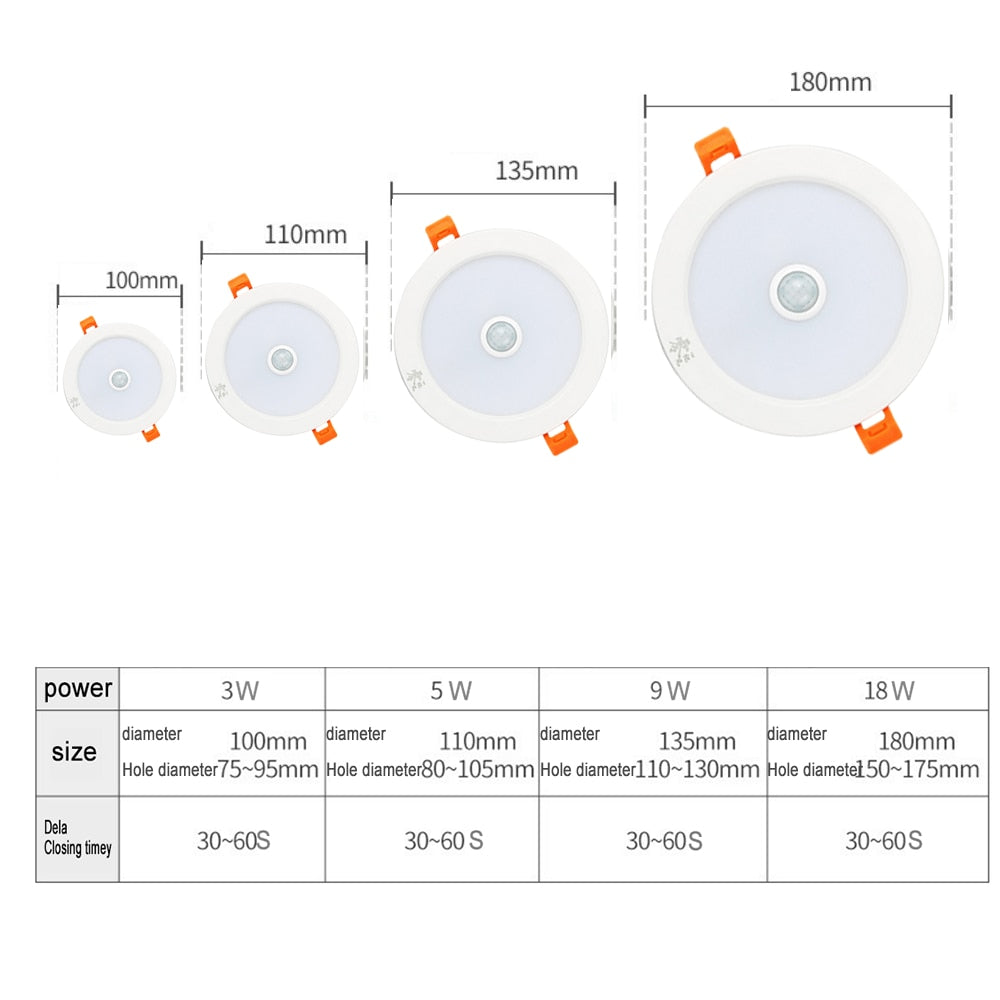 LED Downlights Smart Motion Sensor Ceiling Lamp 3W 5W 9W 18W Led Light Spot Downlight AC220V Recessed Spotlight Cold Warm White