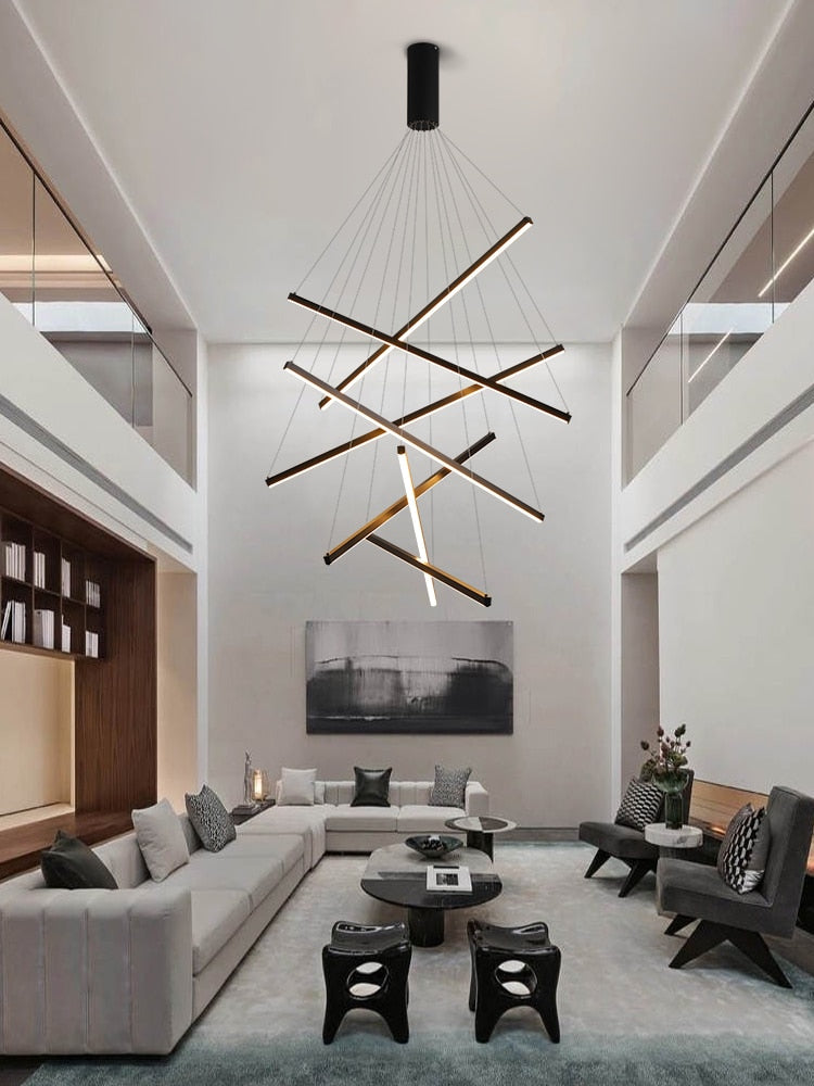 New LED Chandelier Lighting Modern for Staircase Living Room Dining Room Industrial Pendant Lamp Loft Villa Black Long Downlight