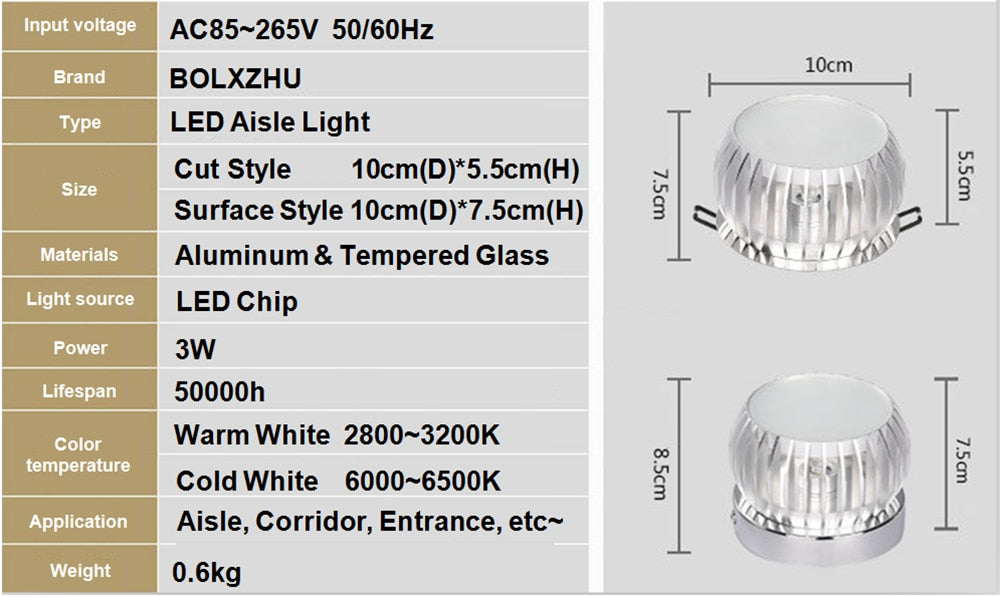 LED Entrance light led corridor aisle light 3W LED Downlight LED Ceiling lamp Home Living Room bulbs AC85~265V